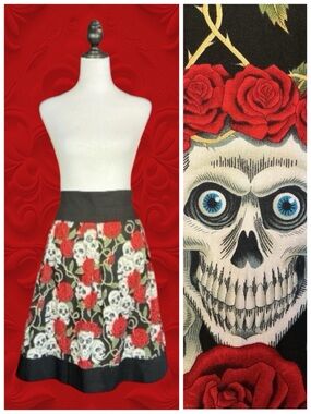 Hemet Punk Goth Pin-Up Dark Academia Psychobilly 100% Cotton Skull Rose Skirt XL